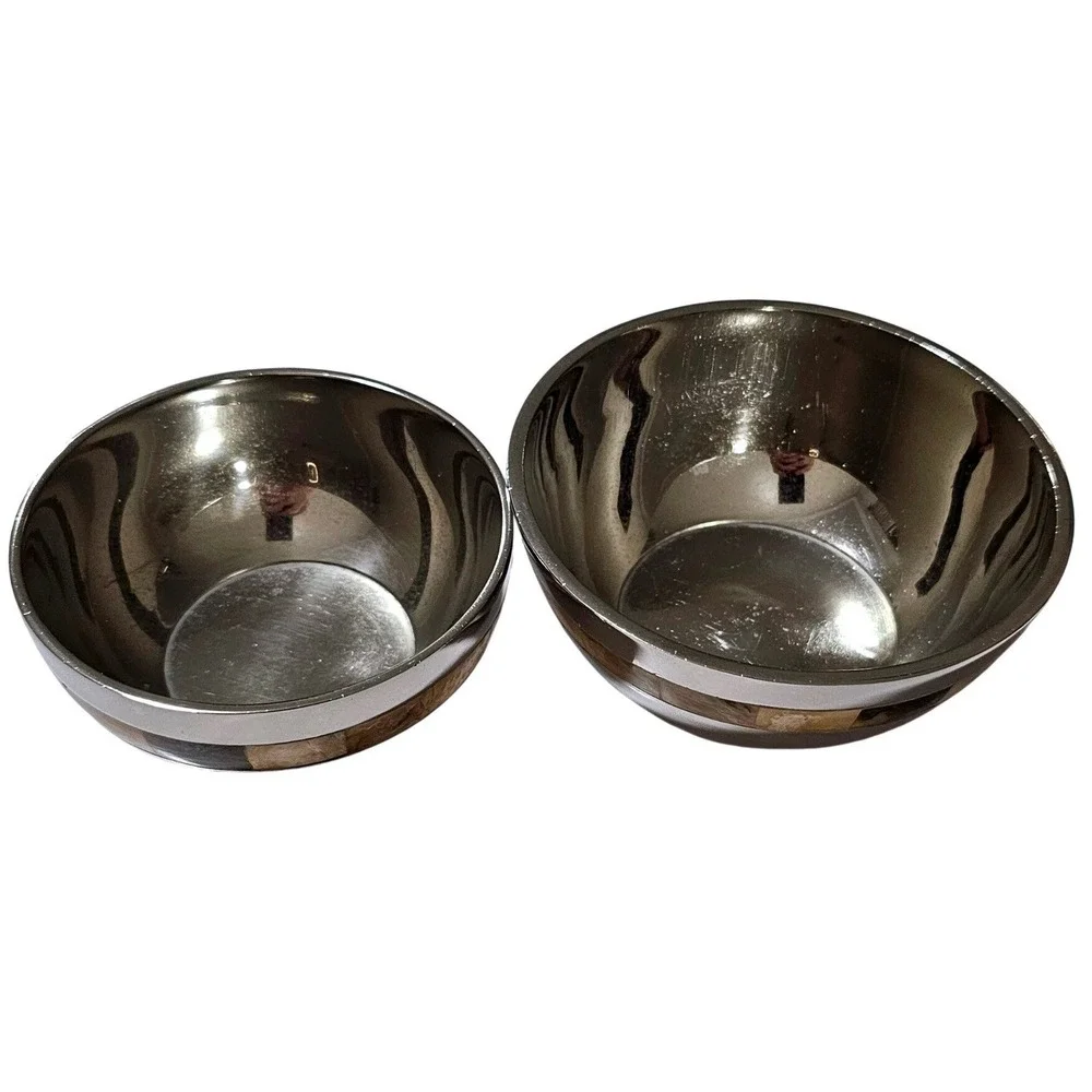 Stainless Steel Nesting Bowls Set of 2 Silver with Shell Inlay Mosaic Band VTG